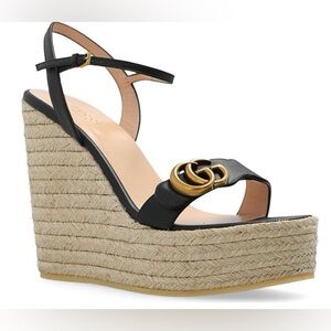 Gucci Black Leather Double G Espadrille Wedge Sandals